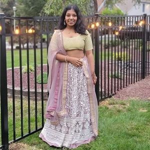 Lavender Net Lehenga with white Lace Work & Gold Blouse Set